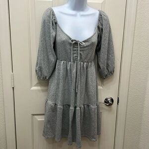 Max & Ash Gray Dress Sz Small Baby Doll Neck 3/4 Sleeve On Off Shoulder Mini
